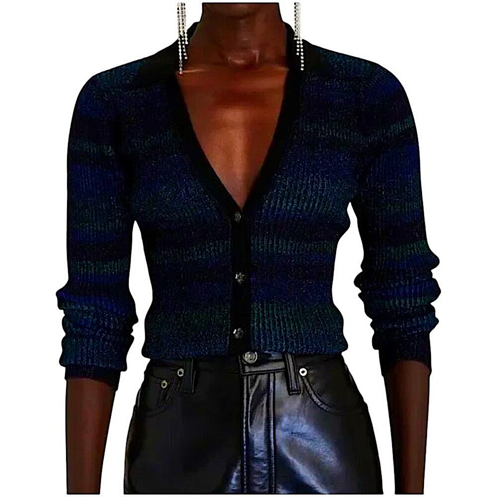 Intermix Sienna Ribbed Metallic Blue Green Striped Lurex Cardigan Collar Stretch